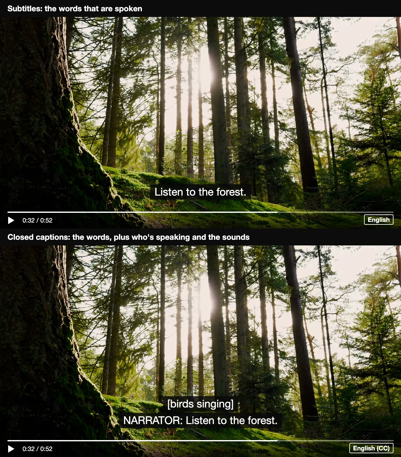 The same video frame twice. Top: subtitles, showing only the line 'Listen to the forest.' with the English track selected. Bottom: closed captions, showing '[birds singing]' and 'NARRATOR: Listen to the forest.' with the English (CC) track selected