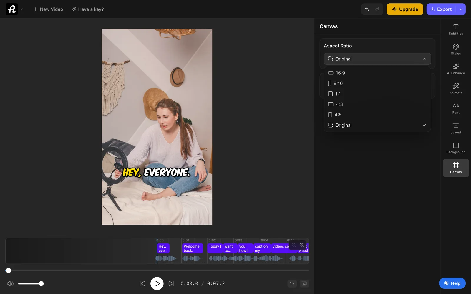 The Canvas panel in AutoSubtitles with the Aspect Ratio menu open, listing 16:9, 9:16, 1:1, 4:3, 4:5 and Original