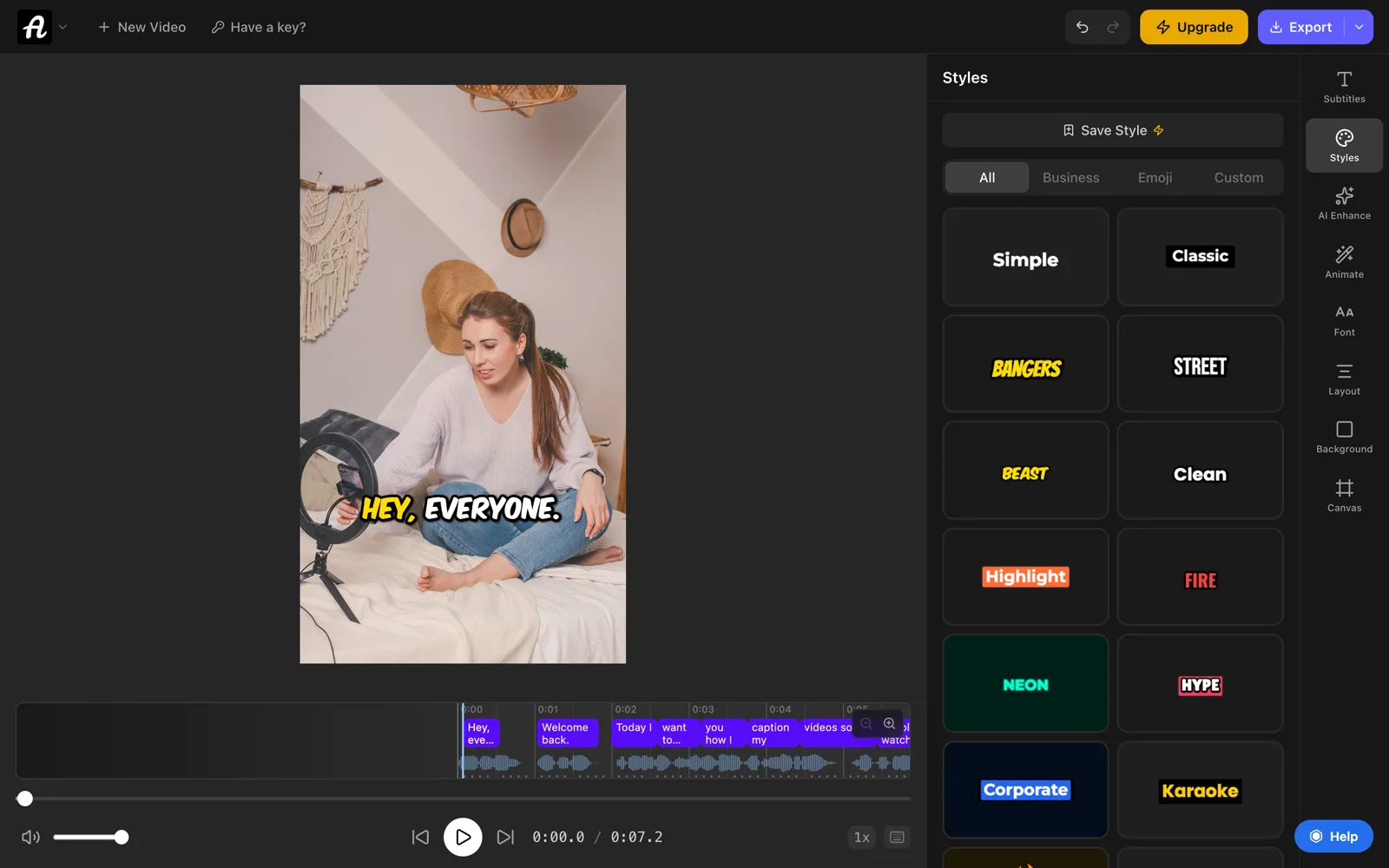 The Styles panel in AutoSubtitles with caption styles such as Beast, Street and Karaoke, and the video showing bold yellow captions