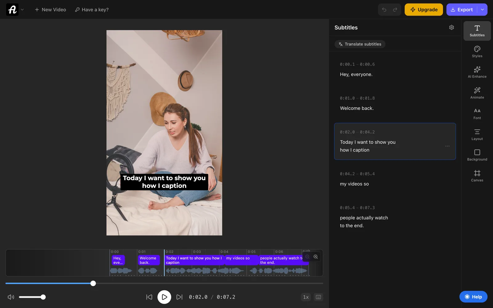 The AutoSubtitles editor with a video on the left and its transcribed subtitles listed with timings on the right