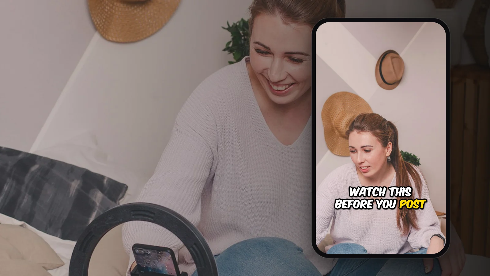 A creator filming on a phone clipped to a ring light, beside a phone showing the video with bold yellow-and-white captions
