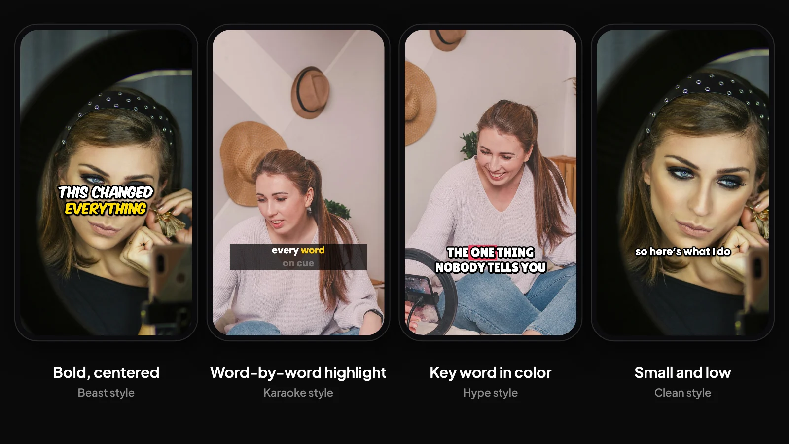 Four vertical videos side by side showing bold centered captions, word-by-word highlight, a key word in color, and small captions low on the screen