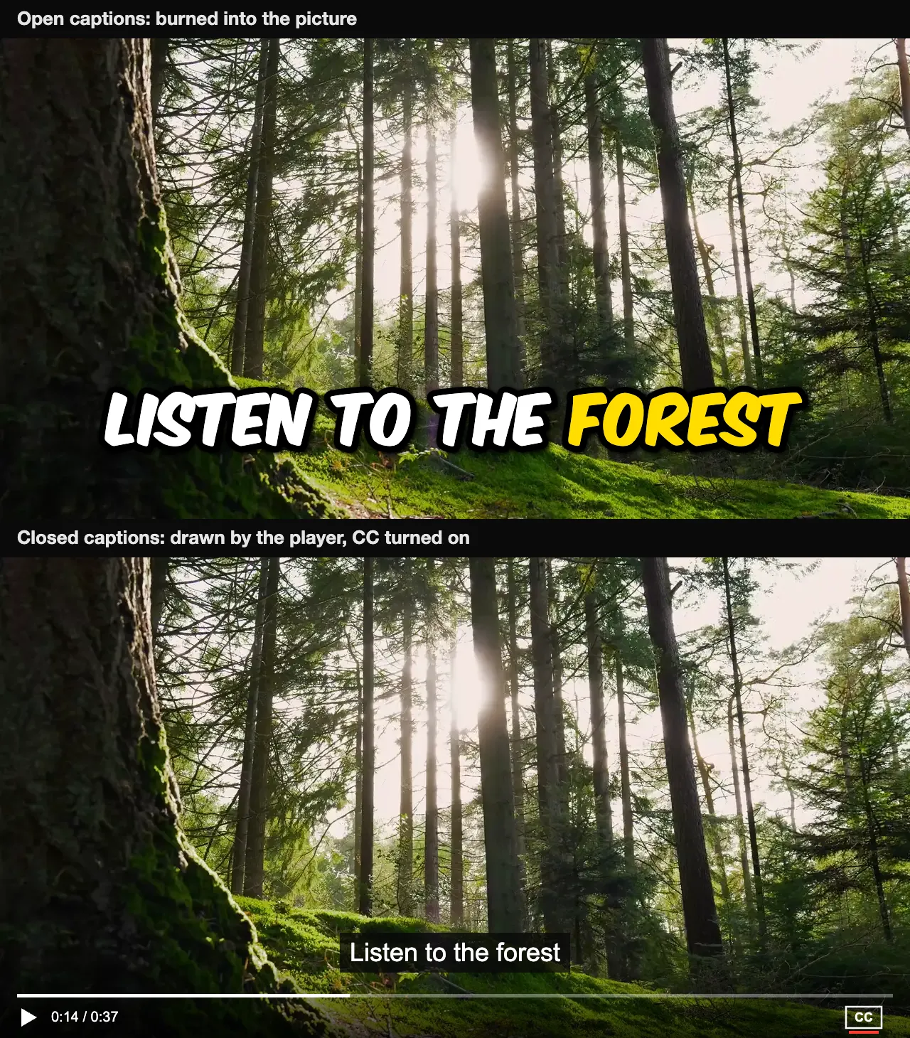 The same video frame twice. Top: open captions, bold styled words drawn into the picture. Bottom: closed captions, plain white text on a black box shown by a video player with its CC button turned on