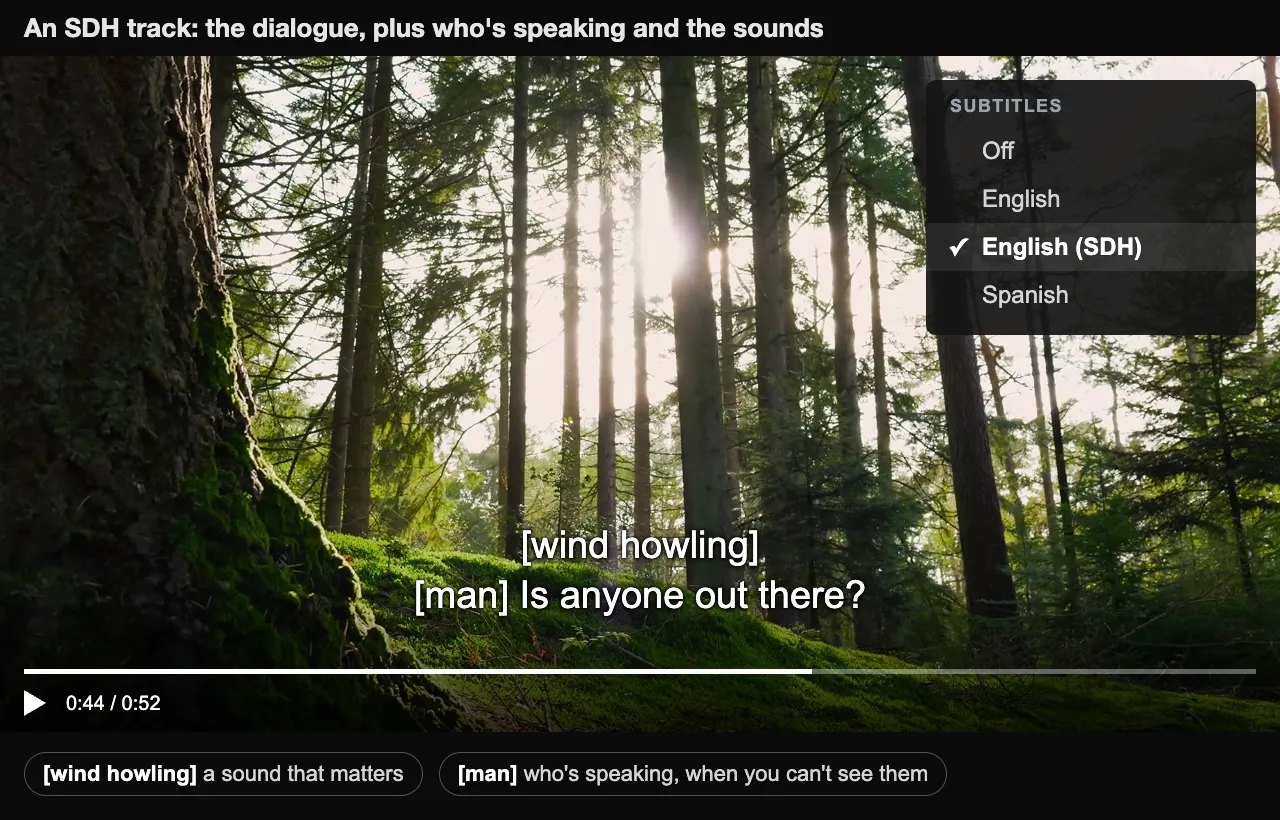 A video player with the subtitle menu open and 'English (SDH)' selected. The subtitle on screen reads '[wind howling]' on the first line and '[man] Is anyone out there?' on the second